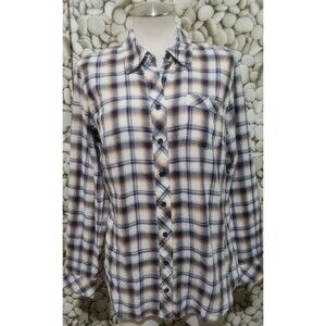 Gap Shirt Womens Size Large Plaid Stretch Blue Brown Long Sleeve Button Pocket